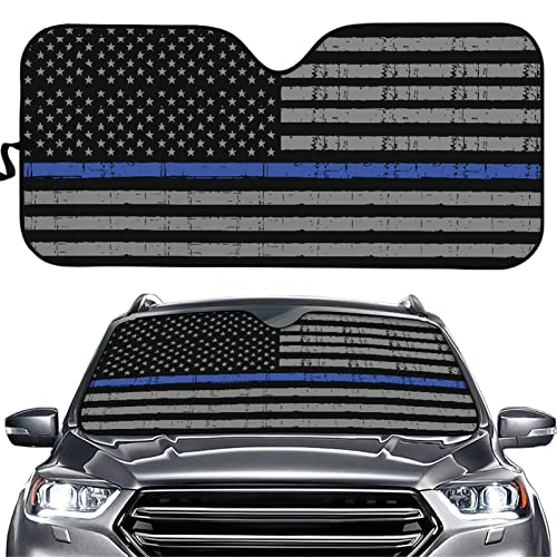 CLOHOMIN Thin Blue Line US Flag Law Enforcement Print Windshield Sun Shade for Car, Folded Front Window UV Rays Sun Visor Shade,Keep Vehicle Cool