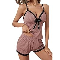Satohom Sexy Damen Pyjama,Dessous-Set mit V-Ausschnitt und Spitze mit Spaghettiträgern,Frauen Dessous Pyjamas Negligee Kurz 2 Teiliges Schleife Nachtwäsche Unterwäsche Leibchen Shorts für Damen