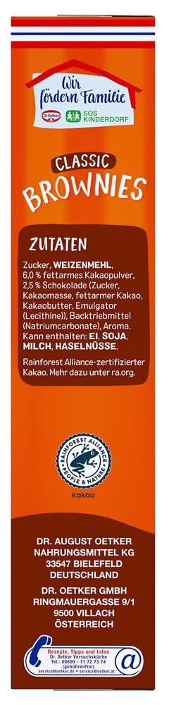 Dr. Oetker Brownies, Backmischung für dunklen Rührteig mit Raspelschokolade zum Zubereiten von 16 Brownies, inkl. praktischer Backform, 1er Pack (1 x 462g)