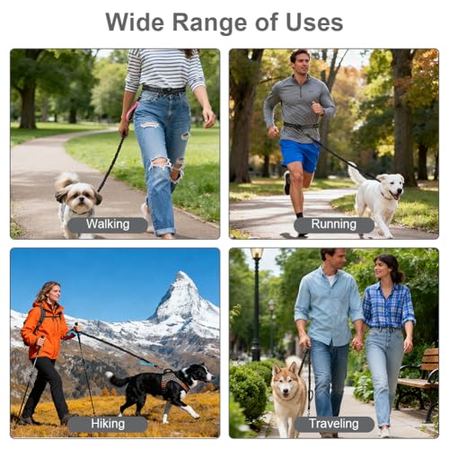 OFFCUP Joggingleine Hunde Hundeleine Freihändig, Dual Griffe Reflektierende verstellbar 124-180cm, Hunde Freihändig Hundeleine für Große und Mittelgroße Hundes bis zu 50 kg, Grau