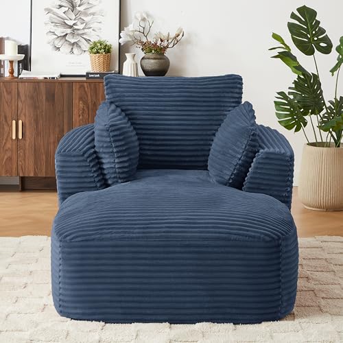 Image of 65 inch Soft Corduroy Chaise Lounge Chair Indoor, Lounge Chaise with Spring Cushion, Sleeper Sofa with No Assembly for Living Room and Apartment, Blue