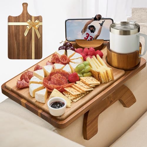 ZenStorage Acacia Wood Couch Arm Table Tray with Charcuterie Board with Phone Holder, Cup Slot & Folding for Wide/Narrow Recliners, Snack Table for Small Spaces TV Entertaining (Natural Wood)