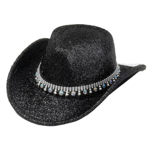 Chapeau de cowboy à paillettes et large bord avec détails en strass argentés