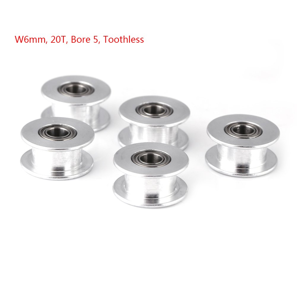 Zahnriemenscheibe, hochwertiges Aluminium glatt 2GT 6mm / 10mm breiter Riemenscheibenriemen 16T / 20T 3mm / 5mm Bohrung 3D-Drucker Accessary 5pcs / Set(W6mm, 20T, Bore 5, Toothless)