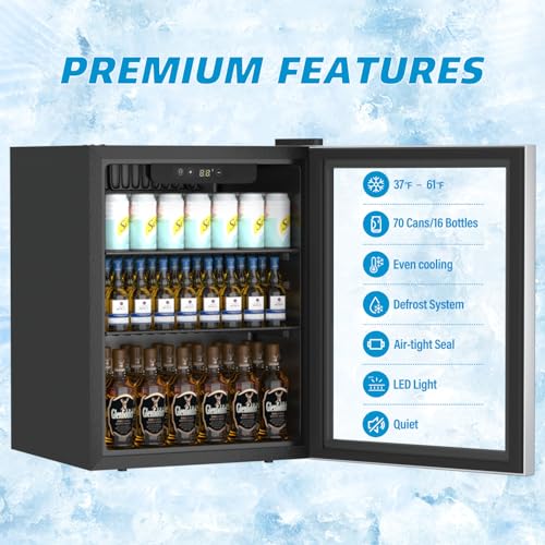 Image of 1.6 Cubic Feet Mini Fridge, 70 Can Freestanding Beverage Refrigerator with Glass Front Door for Soda, Beer Under Counter Small Refrigerator with Adjustable Shelves and Digital Display(Silver)