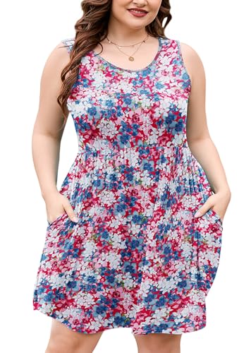 Image of AusLook Plus Size Summer Tank Dress for Women Casual Sleeveless Crewneck Pleated Babydoll Swing Sundresses with Pockets 1X-5X