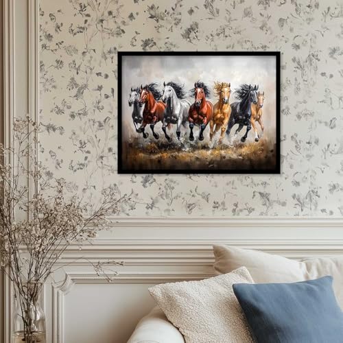 Image of HOTHOUSE Seven Running Vastu Lucky Horse Painting | 7 Horses Vastu Frame Wall Art Painting for Living Room Bedroom Office Home Decor Wall Decor Size (19X25 inch)