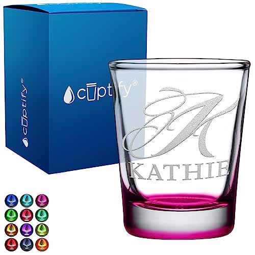 Custom Shot Glass Script Initial and Name 2oz Pink Bottom Etched with Personalized Text for Gifts, Weddings, Birthdays, Party, Event, Decorations
