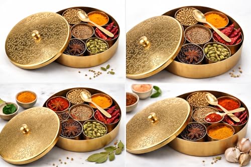 Image of Handcrafted Masala Box with Spoon | 7-Container Spice Box (40 ml Each) | 7 Inch Masala Dabba for Kitchen Storage | Traditional Masala Petti Spice Container Set | Iron