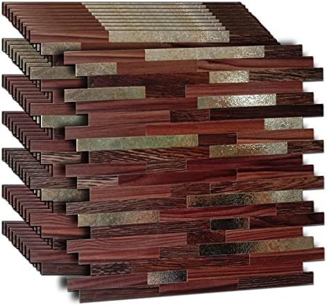 YMMXGE 10-Sheet Peel and Stick Backsplash PVC Metal Tile，Self-Adhesive Wood Grain Wall Sticker Easy DIY Stick on Kitchen Bathroom Walls (10, Coffee Wood + Print)