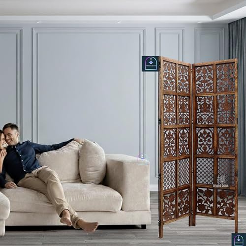 Image of Wooden Room Divider 2 Panel 6 Feet | Freestanding Room Partition Screen with Burnt Wood Finish | Hand Buffed Traditional Handicraft Design