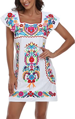 Image of YZXDORWJ Women Mexican Embroidered Dress Ruffle Collar Sleeveless