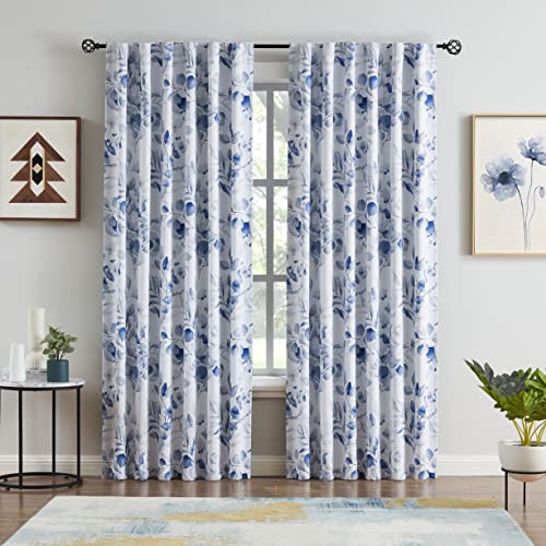 lefeng Blue Leaf 100 Full Blackout Window Curtains Panels Energy Efficient Noise Reducing Thermal Weave Window Treatment Drape Backtab Rod Pocket for Bedroom, 2 Panels, 52x63 Inch