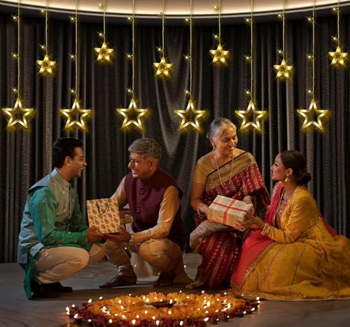 Image of LED Lights for Diwali Decoration with 17 Ft Long 220V Electric Flameless Design for Puja Room, Mandir, Rangoli, Balcony, Door, and Home Festival Lighting (Warm White, 6 + 6 Classic Star Light, 14)