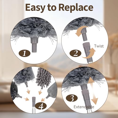 Image of HAMEINY Microfiber Feather Duster for Cleaning 5-in-1 Kit 100 inch Extendable | Furniture Dusters with Extension Pole 100 Inches High Ceiling Fan Dusters Cobweb Duster for Car Wall Blinds Cleaning Dusting