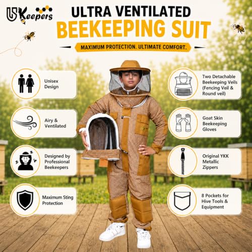 Image of Kids Bee Suit, 3 Layer Ventilated Beekeeping Suit with Gloves & 2 Veils, Protective Beekeeper Suit for Children Boys Girls (KID Brown S)