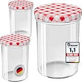 WELLGRO 25x Einmachgläser mit Schraubdeckel - 435 ml, 8,5 x 12 cm (ØxH), Glas/Metall, rot karierte Deckel To 82, Gläser Made in Germany
