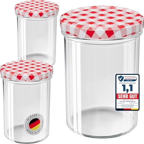 WELLGRO 25x Einmachgläser mit Schraubdeckel - 435 ml, 8,5 x 12 cm (ØxH), Glas/Metall, rot karierte Deckel To 82, Gläser Made in Germany