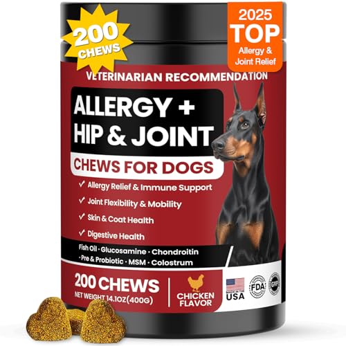 Dog Allergy Chews Hip and Joint Supplement for Dogs with Glucosamine Chondroitin for Anti Itch Skin Paw Pain Relief and Immune Pet Allergies Treats Chews for Itching and Licking Health Supplement Dogs