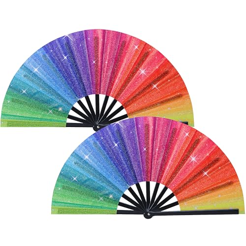 Tlswshsy 2 Pcs Rainbow Glitter Hand Fans Large Pride Folding Rave Fan Colorful Holographic Handheld Fan for Pride Month Festival Parade Party Dance Performance Cosplay Accessories Photo Props
