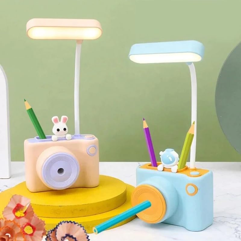 Image of Kiditos Small Study Desk LED Lamp Rechargeable, 360 Flexible Gooseneck Lamp with Pen Holder, Pencil Sharpener, Table Lamp for Girls Boys Room (Camera), Pink