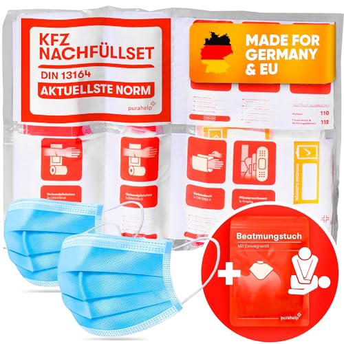 PURAHELP KFZ Erste Hilfe Nachfüllset inkl. Beatmungstuch [DIN 13164] - Nachfüllset für Auto Verbandkasten 2026 Konform - Set zum Auffüllen der Verbandstasche für PKW - Car First Aid Kit Nachfüllung