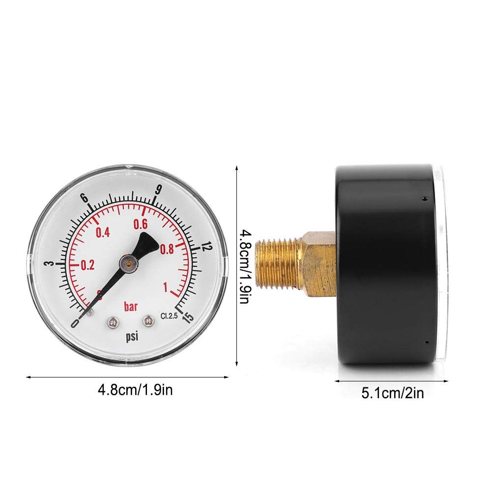 Manometro, quadrante 50mm 1/4 BSPT Manometro assiale per aria, acqua, olio e gas(0-15psi 0-1bar)