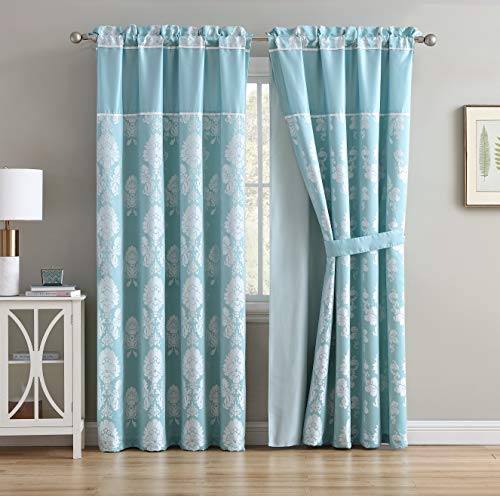 Chezmoi Collection Simsbury 4-Piece Aqua Blue Silver Floral Medallion Jacquard Window Curtain/Drape Set