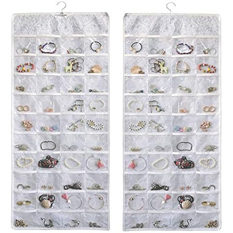 BB Brotrade Hanging Jewelry Organizer,Double Sided Jewelry Storage Organizer with Embossed Pattern,80 Clear PVC Pockets Organizer for Holding Jewelries (White) Cover