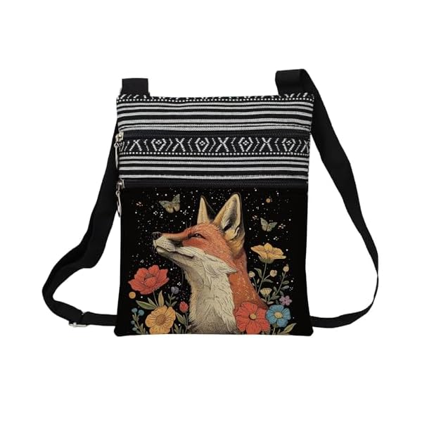 Floral Fox Messenger Bag Small Ethnic Pattern Printed Adjustable Strap Crossbody Zipper Bag Floral Fox Phone Bag Wallet Cute Shoulder Handbag for Women Friends -3