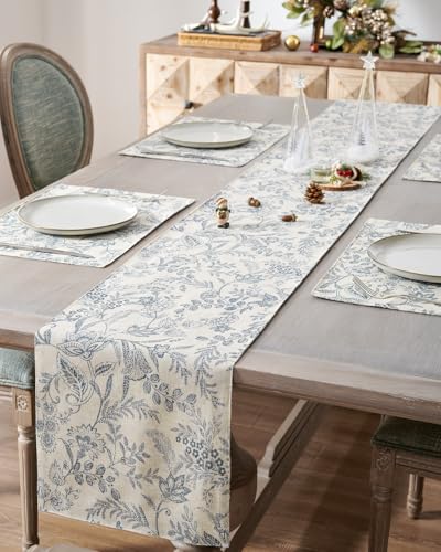 JINCHAN Spring Table Runner Linen Farmhouse Table Cloth Blue Floral Decorative Table Runners 33x183CM Botanic Printed Burlap Handcrafted Flax Coffee Table Decor 1 Panel Blue on Beige