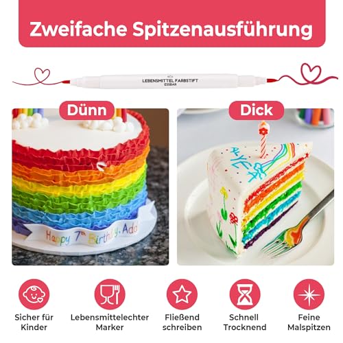 He-Ju Lebensmittelstifte essbar 10er Set ohne E171, vegan, glutenfrei, Lebensmittel Stifte Set in 10 Regenbogenfarben mit 2 Spitzen zum Malen und Schreiben auf Torten & Co.