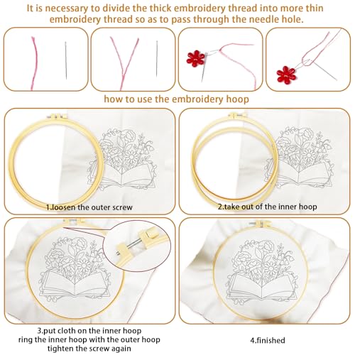 Image of BEUNITONE 6 Set Books Flowers Embroidery Kit for Adult Beginners with Hoops and Instructions Literary Themed Needlepoint Craft Kits Complete DIY Handmade Cross Stitch Set for Book Lovers Home Decor