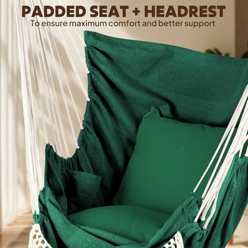 Image of Chihee Hammock Chair Hanging Chair with Foot Rest 2 Cushions Max 500lbs Robust Metal Spreader Bar Collapsible Easy Storage Soft Cotton Swing Chair Strong Strap Iron Carabiner Side Pocket Included