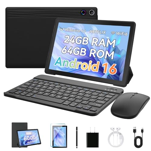 Freeski Tablets 10 inch Tablet Android 16,Penta-Core Processor,24GB RAM 64GB ROM 1TB Expand,5G WiFi 6,1280 x 800 HD/Dual 5MP+8MP Camera,Android Tablet with Keyboard+ Mouse + Case Black