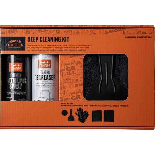 Traeger Grills Deep Cleaning Kit - Exterior Detailing Spray (16oz) Foaming Degreaser (16oz) Grill Scraper & Pad Microfiber Towels Nitrile Gloves - Tools for cleaning Grill Smoker Oven Griddle