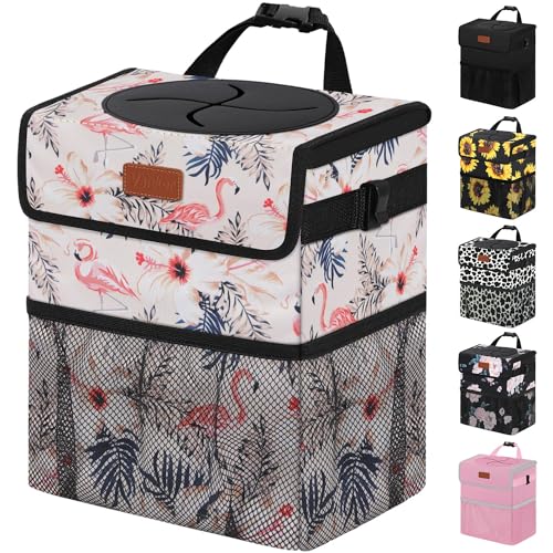 Image of Vankor Cute Car Trash Can for Car, Car Accessories for Women Interior Car Can Trash Bag Hanging Automotive Car Garbage Cans Pink Flamingos
