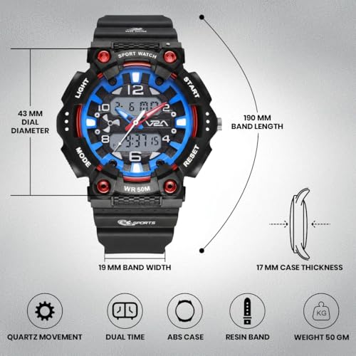 Image of V2A Nova Pro 43mm Analog Digital Sports Watch for Boys (8-14 Years) | Bolt Guard Sport Design | Alarm Stopwatch Backlight Day Date | TPU Strap | 50M Water Resistant| Gift for Boy