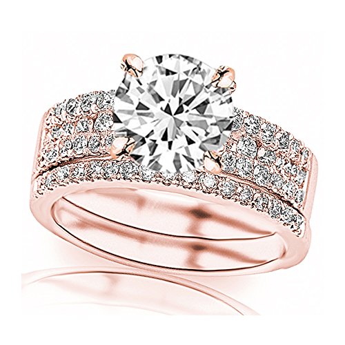 14K White Gold 2.5 to 5.5 Carat LAB GROWN DIAMOND Three Row Prong And Middle Row Channel Set Round Diamonds Engagement Ring and Wedding Band Set (D-E Color VS1-VS2 Clarity)