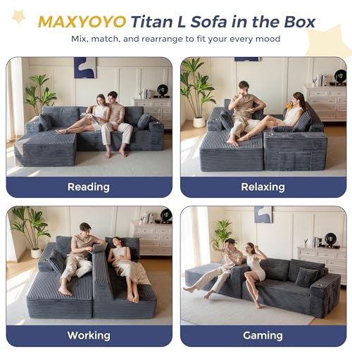 Image of MAXYOYO 104 inch Modular Sectional Couch with L-Shape Chaise, Modern Boneless Couch for Living Room, Sofa in A Box, Oversized Sofa with Deep Seat, No Assembly Required, Dark Grey