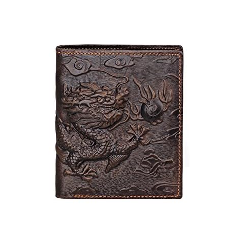 Mens Brown Genuine Leather Wallet with Credit Card Holder Dragon Pattern M Cover