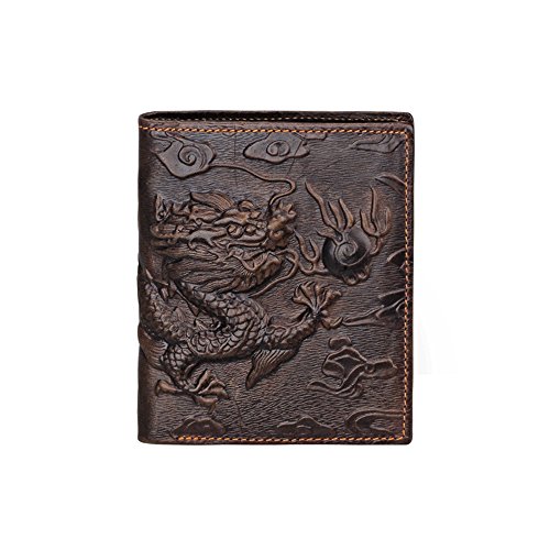 Mens Brown Genuine Leather Wallet with Credit Card Holder Dragon Pattern M