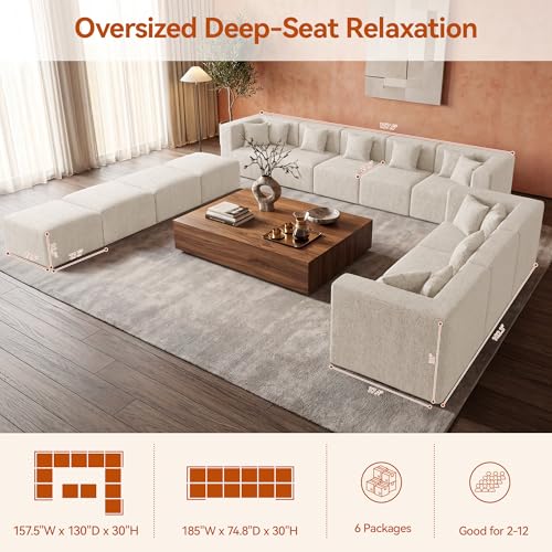 Image of MONVANE Modular Sectional Sofa, Oversized 12 Seat Convertible U Shaped Couch with Ottoman, Comfy Chenille Cloud Couch with Deep Seat, Sectional Couches for Living Room, No Assembly Required, Beige