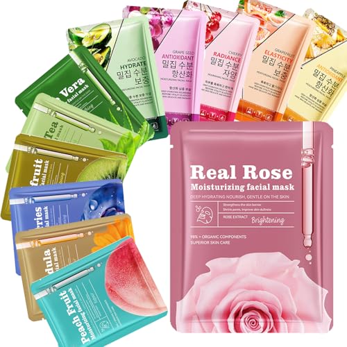 12 Pack Essence Facial Máscara, Hidratante Faciales Mascarilla, Iluminar el Color de La Piel, Sheet Mascarilla Facial Mujeres Refinamiento de Poros, Reducir las Líneas Finas