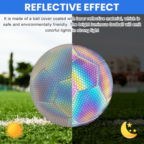 PORFOYO Curve Ball Fussball, Leuchtender Fußball Offizielle Größe 5, Reflektierender Fußball mit Luftpumpe, Holografisch Leuchtend Fußbälle für Drinnen Draußen