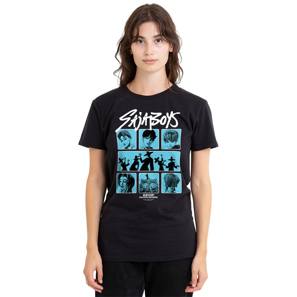 Kpop Demon Hunters Saja Boys Posterized Squares Ladies T Shirt, Black, Large