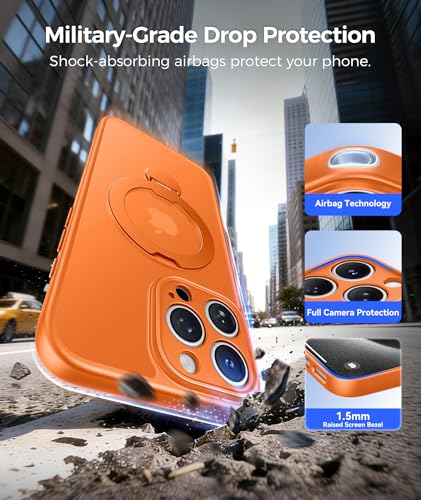 Image of FNTCASE for iPhone 15 Pro-Max Case: [360 Spin Magnetic Stand] [Compatible with Magsafe] [Screen Protector] Translucent Matte Military Grade Shockproof Full Camera Protective Phone Cover - Orange