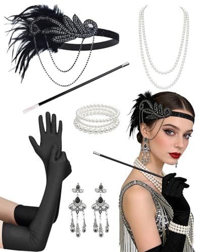 kasahara 6 Pcs 1920s Flapper Roaring 20s Costume Accessories Set for Women Flapper Feather Headband, Earrings, Pearl Necklace Bracelet, Long Gloves Black