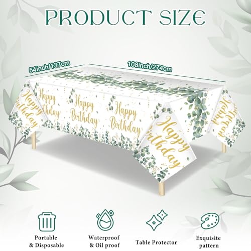 Image of Hahafelt 3 Pcs Sage Green Disposable Tablecloth Happy Birthday Table Cover 54 x 108 Inch Eucalyptus Leaf Plastic Table Cloth Greenery Birthday Party Decorations for Boys Girls Women Men
