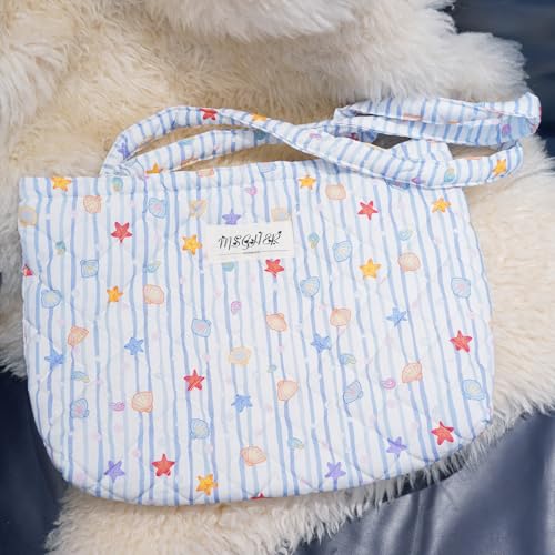 Image of Floral Quilted Cotton Shoulder Bag for Women Daily Use Medium Size Handbag Large Capacity Thickened Design Tote